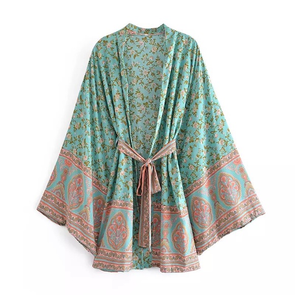 Lena Vie Boutique Other - Minted Pink Lotus Vintage Boho Cotton Kimono Robe